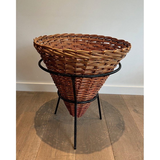 Image 1 of Conjunto de 3 jardineras vintage de metal lacado en negro y ratán, 1950