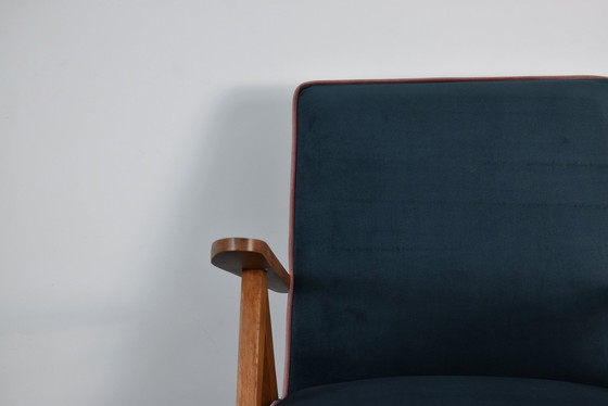 Image 1 of Restored Compass Chair, Canary Yellow Fabric, Pink Thread, Teak, 1960