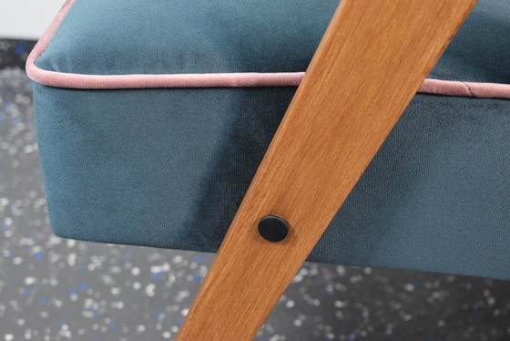 Image 1 of Restored Compass Chair, Canary Yellow Fabric, Pink Thread, Teak, 1960