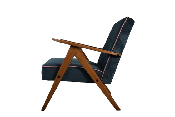 Image 1 of Restored Compass Chair, Canary Yellow Fabric, Pink Thread, Teak, 1960