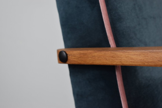 Image 1 of Restored Compass Chair, Canary Yellow Fabric, Pink Thread, Teak, 1960