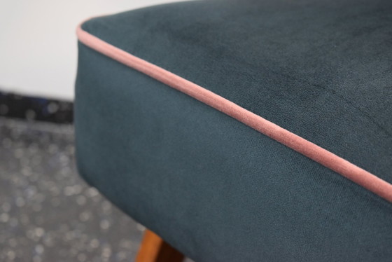 Image 1 of Restored Compass Chair, Canary Yellow Fabric, Pink Thread, Teak, 1960