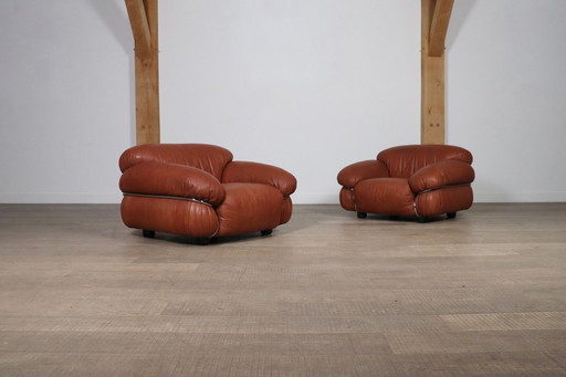 Pair Of Sesann Lounge Chairs By Gianfranco Frattini In Cognac Leather For Cassina Italy 1969