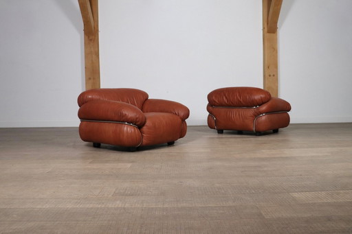 Pair Of Sesann Lounge Chairs By Gianfranco Frattini In Cognac Leather For Cassina Italy 1969