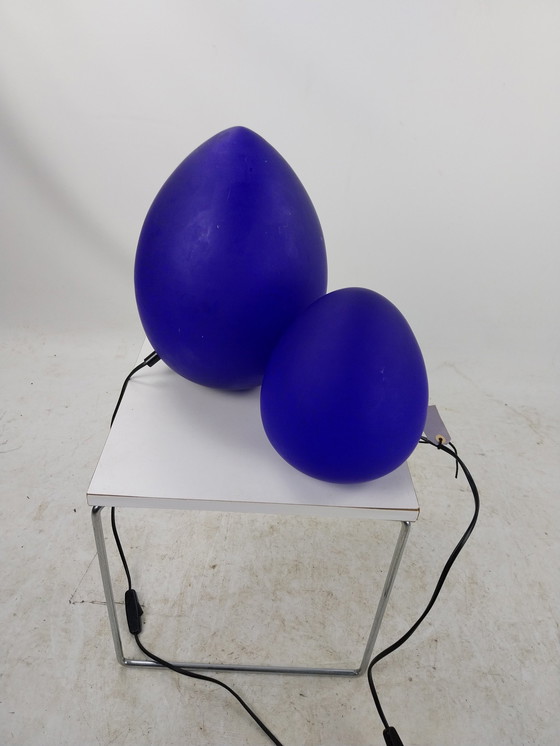 Image 1 of 1 Set W.P.L. Blue Egg Lamps 28Cm And 18Cm High.  In Good Original Condition.