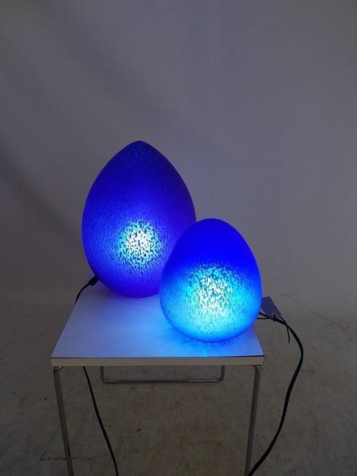 1 Set W.P.L. Blue Egg Lamps 28Cm And 18Cm High.  In Good Original Condition.