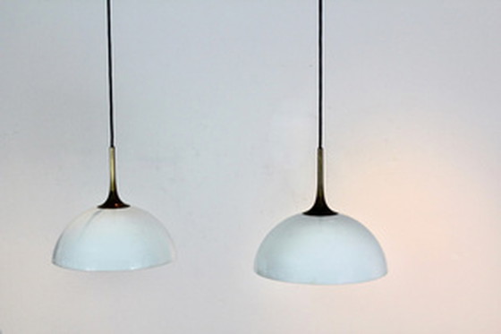 Image 1 of 2x florian schulz brass and white-opal glass pendant lights