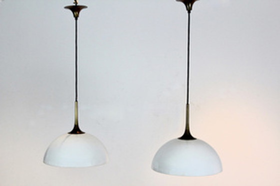 Image 1 of 2x florian schulz brass and white-opal glass pendant lights