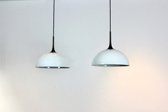 Image 1 of 2x florian schulz brass and white-opal glass pendant lights