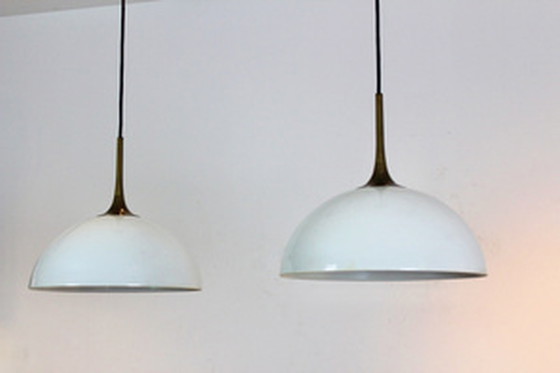 Image 1 of 2x florian schulz brass and white-opal glass pendant lights