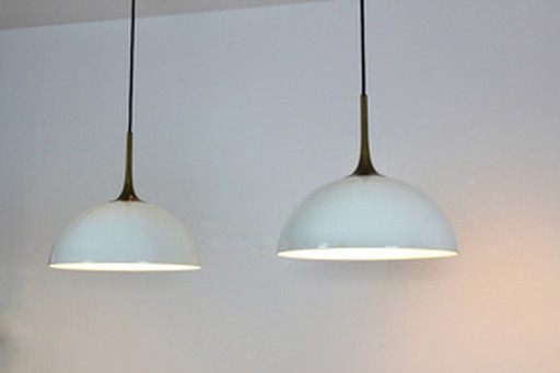 2x florian schulz brass and white-opal glass pendant lights