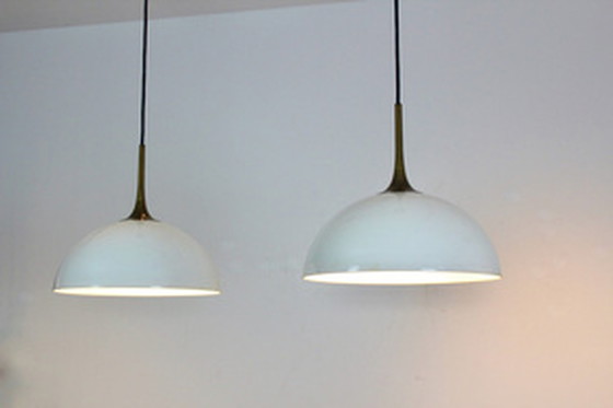 Image 1 of 2x florian schulz brass and white-opal glass pendant lights