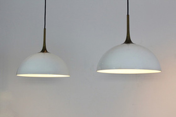 Image 1 of 2x florian schulz brass and white-opal glass pendant lights