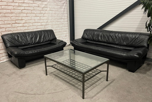 3 + 2.5-Seater Black Leather Sofa + Free Beautiful Table