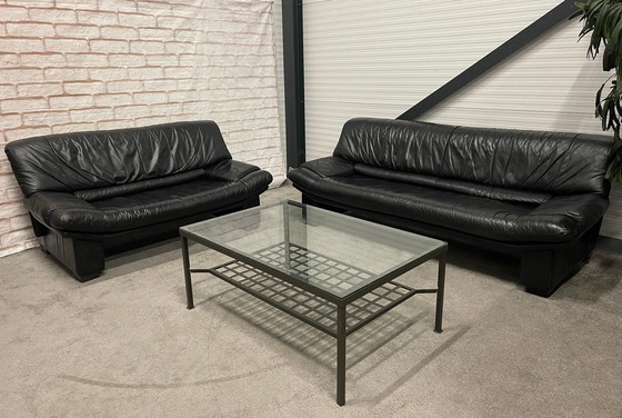 Image 1 of 3 + 2.5-Seater Black Leather Sofa + Free Beautiful Table