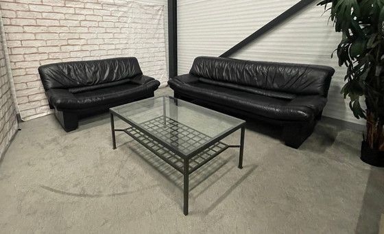 Image 1 of 3 + 2.5-Seater Black Leather Sofa + Free Beautiful Table