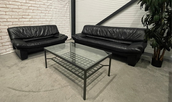 Image 1 of 3 + 2.5-Seater Black Leather Sofa + Free Beautiful Table