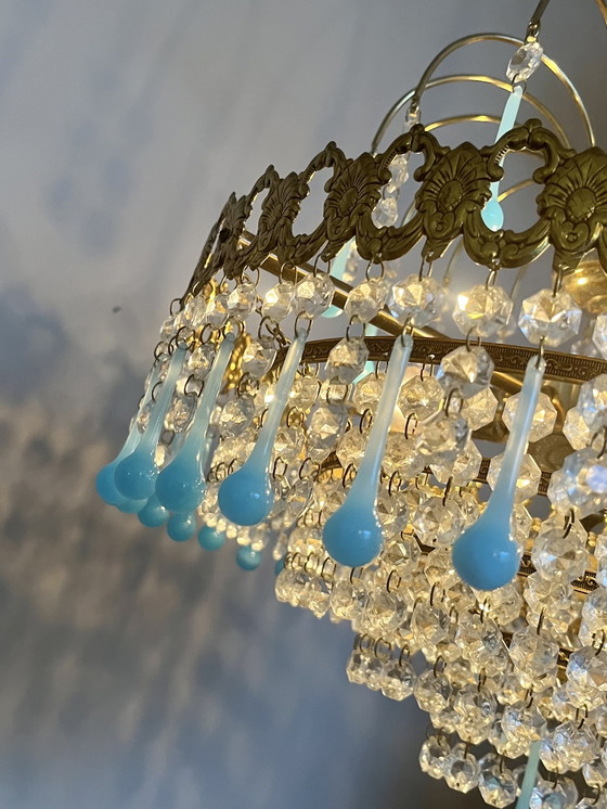 Image 1 of Azure Blue Opaline Teardrop Chandelier Vintage Italian