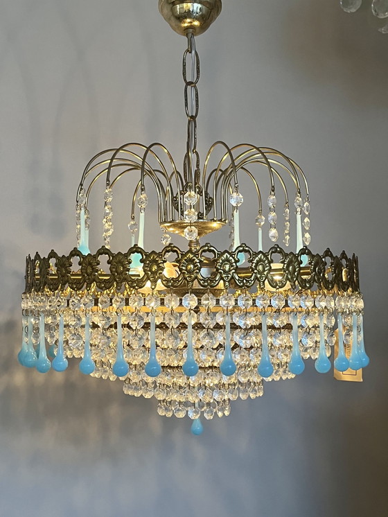 Image 1 of Azure Blue Opaline Teardrop Chandelier Vintage Italian