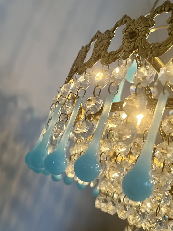 Image 1 of Azure Blue Opaline Teardrop Chandelier Vintage Italian