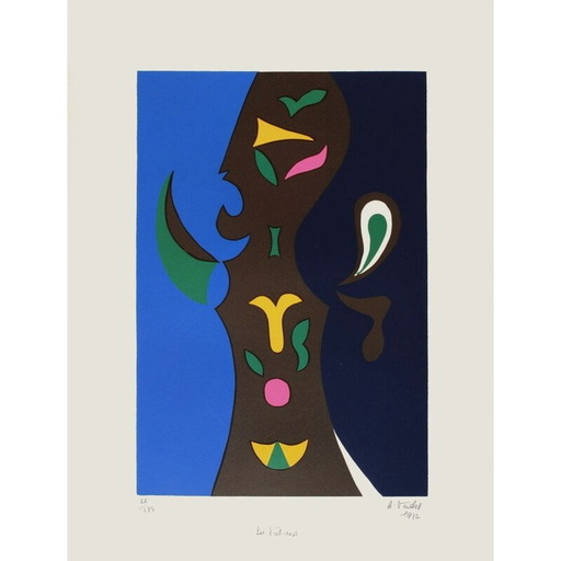 Linograbado vintage "La Pretress" de André Verdet, 1972