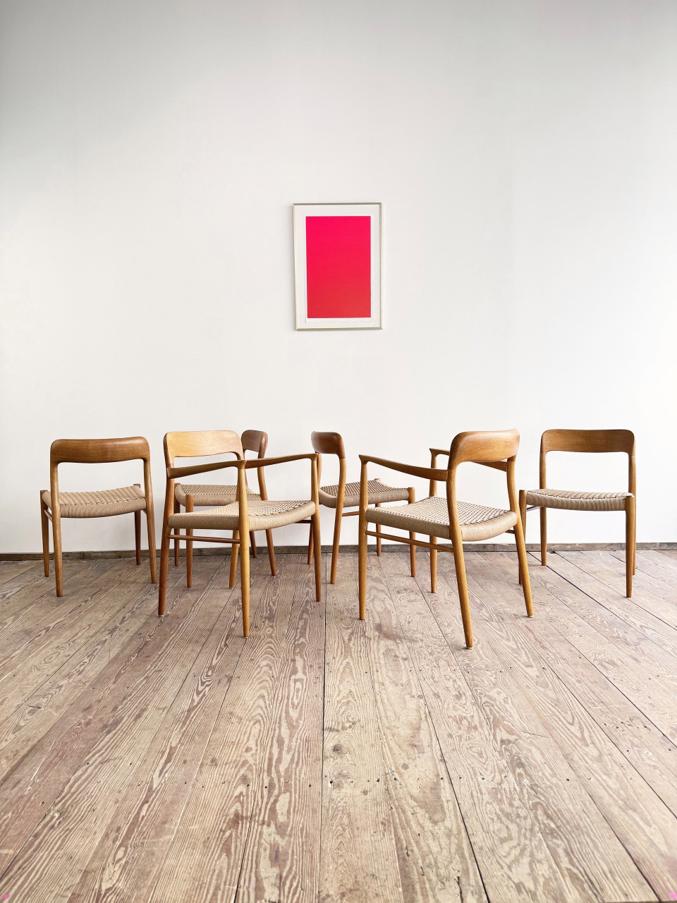 Sillas danesas de mediados de siglo, modelos 56 y 75, en roble, de Niels O. Møller para la fábrica de muebles JL Møllers, década