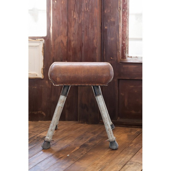 Image 1 of Cavallo da ginnastica vintage in pelle marrone e metallo, 1950