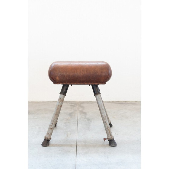 Image 1 of Cavallo da ginnastica vintage in pelle marrone e metallo, 1950