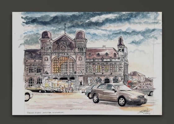 Image 1 of Jean Dengis ( 1943 ) Magnificent Drawing " Verviers La Gare " 1998 / Very Good Quality