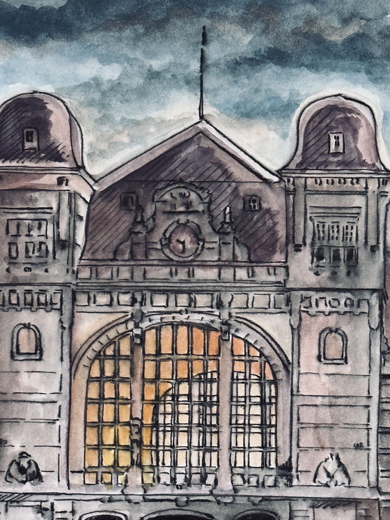 Image 1 of Jean Dengis ( 1943 ) Magnificent Drawing " Verviers La Gare " 1998 / Very Good Quality