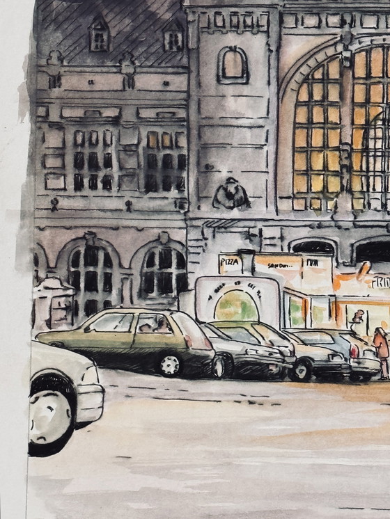 Image 1 of Jean Dengis ( 1943 ) Magnificent Drawing " Verviers La Gare " 1998 / Very Good Quality