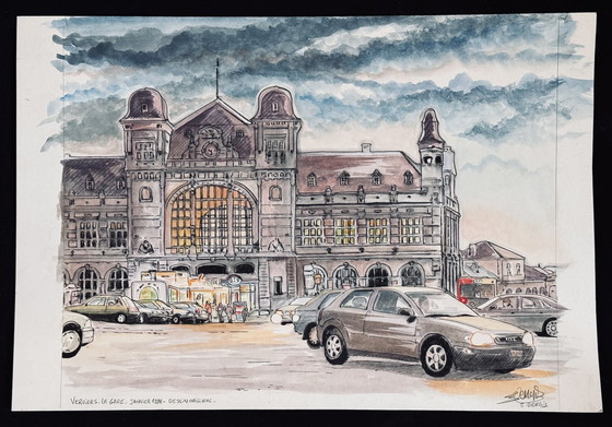 Image 1 of Jean Dengis ( 1943 ) Magnificent Drawing " Verviers La Gare " 1998 / Very Good Quality