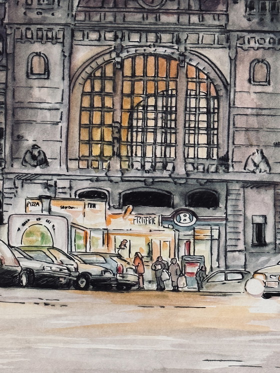 Image 1 of Jean Dengis ( 1943 ) Magnificent Drawing " Verviers La Gare " 1998 / Very Good Quality