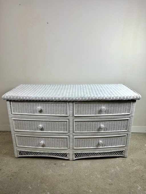 1980'S White Woven Rattan Curved Chest of Drawers