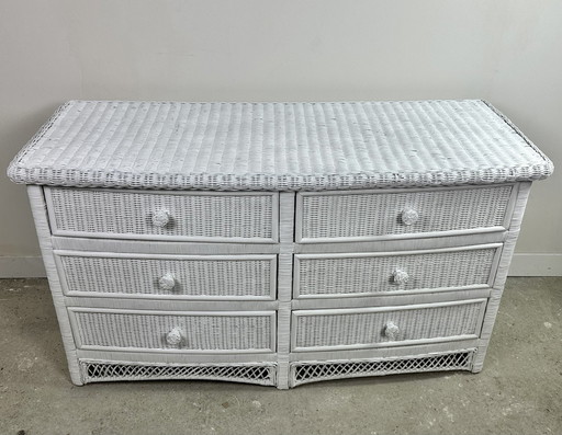 1980'S White Woven Rattan Curved Chest of Drawers