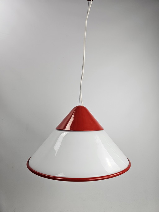 Pendant Lamp Milk Glass And Red Metal From Italy