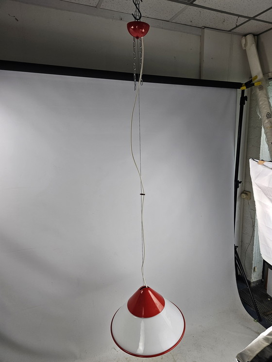 Image 1 of Pendant Lamp Milk Glass And Red Metal From Italy