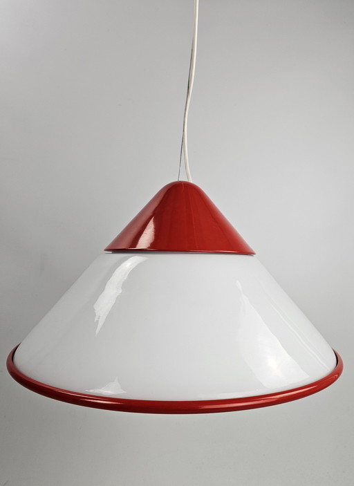 Pendant Lamp Milk Glass And Red Metal From Italy