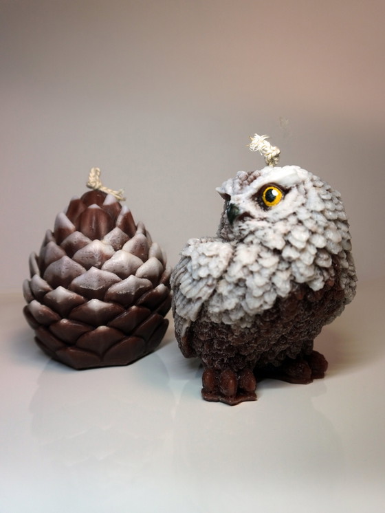 Image 1 of Set Of 2 Designer Candles - Pinecone Candle & Owl Candle. These Handcrafted Candles Are Made From Natural Soy And Coconut Wax.