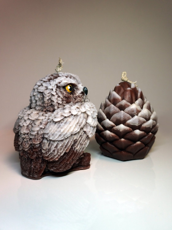 Image 1 of Set Of 2 Designer Candles - Pinecone Candle & Owl Candle. These Handcrafted Candles Are Made From Natural Soy And Coconut Wax.