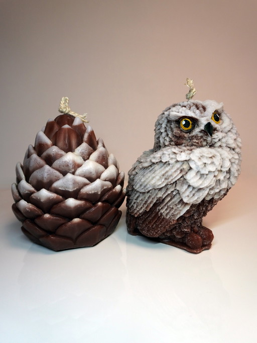 Set Of 2 Designer Candles - Pinecone Candle & Owl Candle. These Handcrafted Candles Are Made From Natural Soy And Coconut Wax.