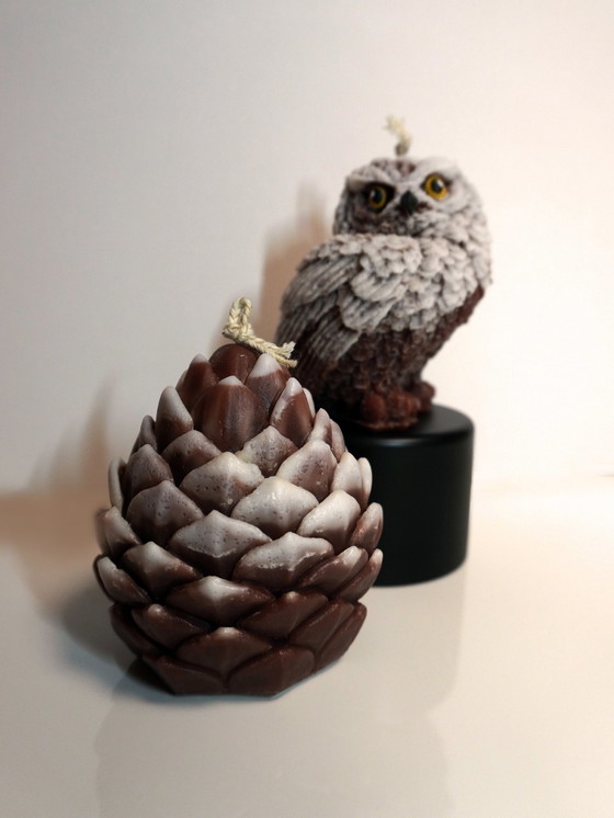 Image 1 of Set Of 2 Designer Candles - Pinecone Candle & Owl Candle. These Handcrafted Candles Are Made From Natural Soy And Coconut Wax.