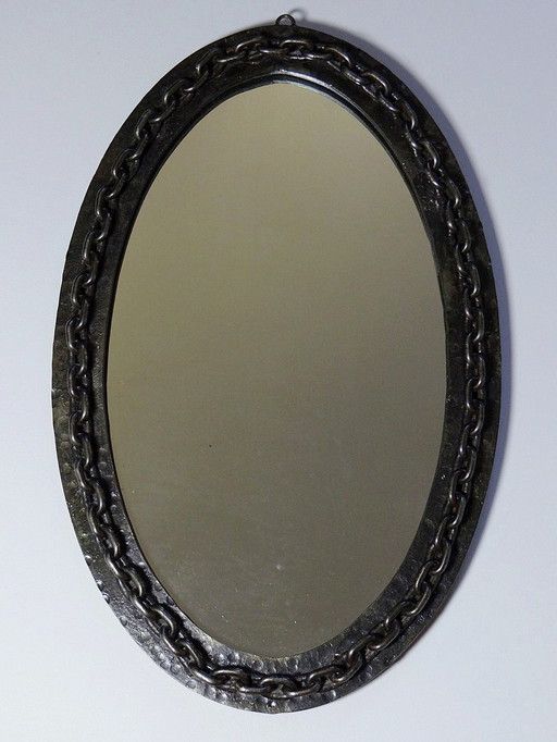 Vintage 60's Oval Wall Mirror Wrought & Beaten Iron Brutalist Chain