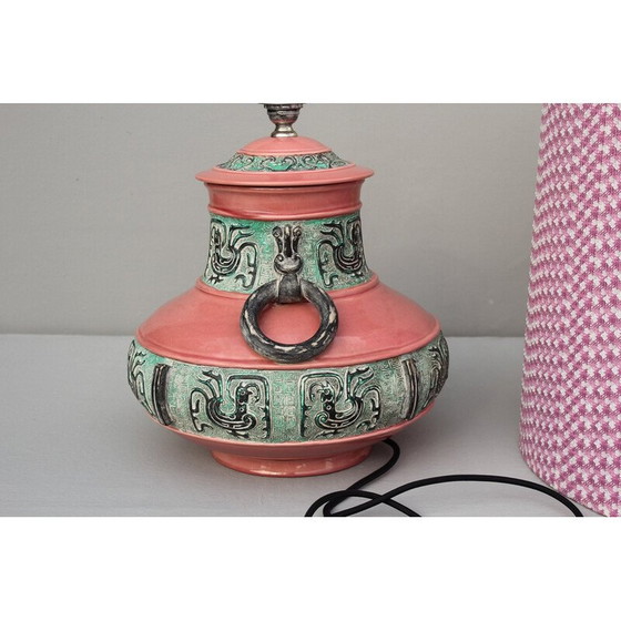 Image 1 of Vintage Majolica ceramic and textile table lamp, Italy 1970s