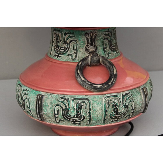Image 1 of Vintage Majolica ceramic and textile table lamp, Italy 1970s
