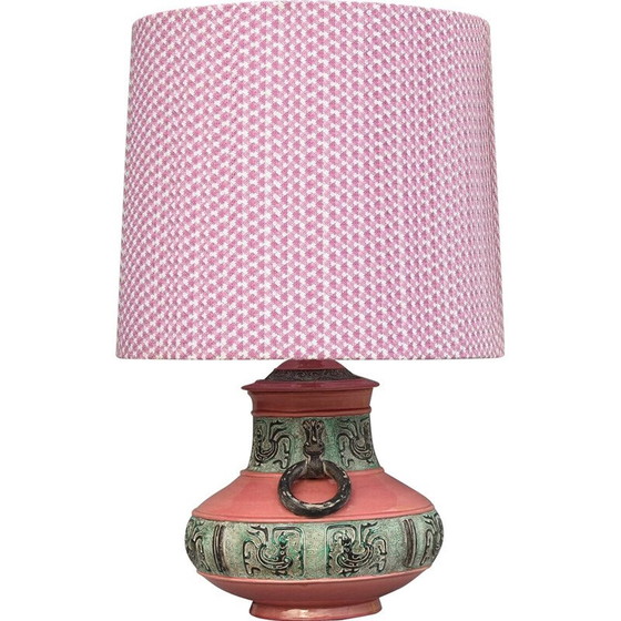 Image 1 of Vintage Majolica ceramic and textile table lamp, Italy 1970s