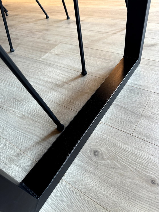 Image 1 of Dining table with oak tree trunk top on metal U-leg