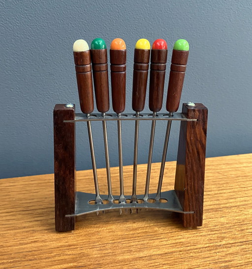 Teak Cocktail Forks In Holder 1960S