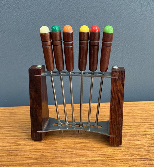 Teak Cocktail Forks In Holder 1960S