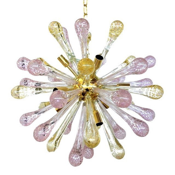 Image 1 of Murano Glass Sputnik Chandelier With Gold And Pink With Air Drops